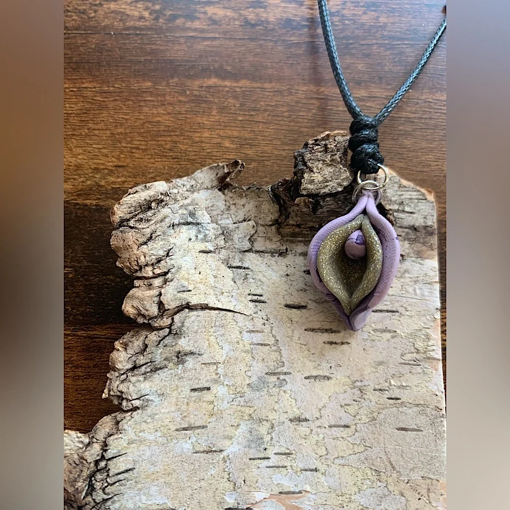 Sensual Floral Necklace Handmade Clay Pendant Adjustable Length Cord - Picture 7 of 12